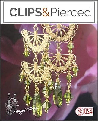 Luxurious Green & Gold Filigree: Dangle Clip Earrings