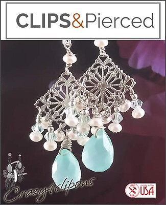 Filigree, Crystal Pearls Chandelier Clip Earrings