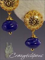 Vintage gold cobalt blue filigree clipon earrings