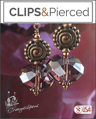 Vintage Charm: Antiqued Copper and Crystal Clip On Earrings