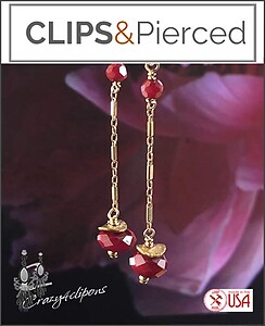 Elegant: Red Crystal Dangling Clip On Earrings in Gold Filled Design.