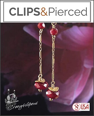 14K Gold Filled Dangling Red Earrings| Pierced or Clips