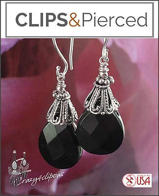 Elegant Black Onyx Teardrop Detail Piercing Clipon Earrings