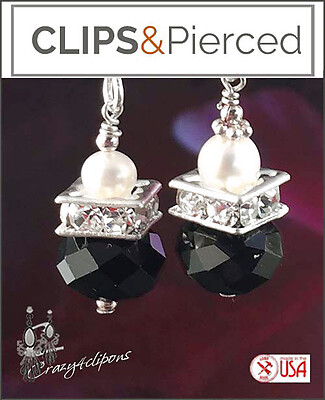 Elegant Black Crystals Earrings |Pierced or Clips