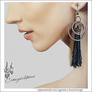 Bold, Sparkling Blue Tassel Clip Earrings