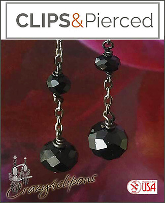Sophisticated and Sexy Long Black Crystal Earrings | Pierced or Clips