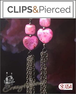 Pink Hearts and Gunmetal Tassel Earrings | Your choice: Pierced or Clips
