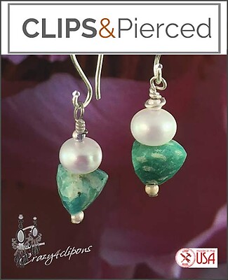 Dainty Pearl W/ Amazonite Earrings | Pierced or Clips