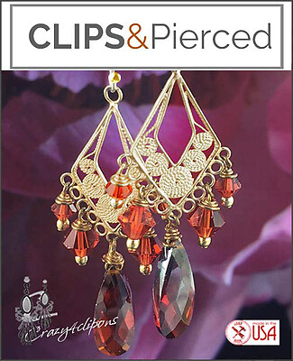 Stylish Filigree Gold & Red Chandelier Clip Earrings