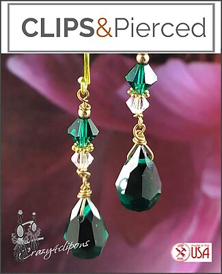 Radiant Greens: Emerald Crystal Dangling Clip Earrings