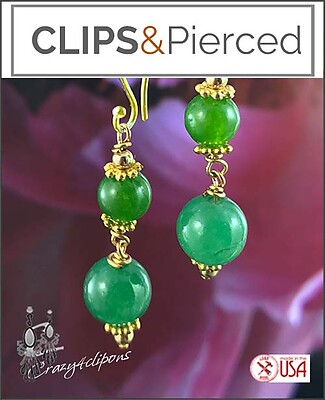 Green Jade Dangling Earrings | Pierced or Clips