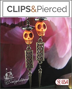Hematite Crowned Dancing Skeleton Clip Earrings