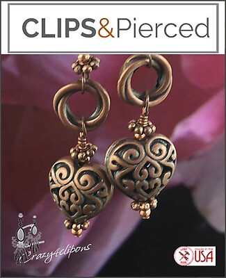 Artisan Antique Copper Heart Earrings | Pierced or Clips