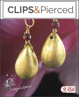 Brushed Gold & Garnet Teardrops Earrings| Pierced or Clips