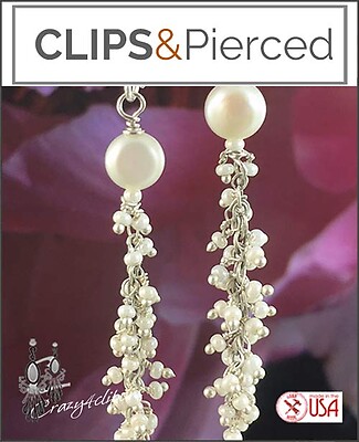 Dainty String Of Pearls Wedding Earrings | Your choice: Pierced or Clips