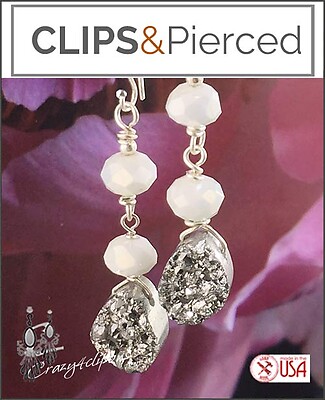 Crystal Elegance: Silver Druzy Quartz Clip Earrings