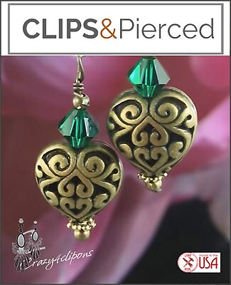 Antique Brass Hearts w/ Crystal Earrings | Pierced or Clips
