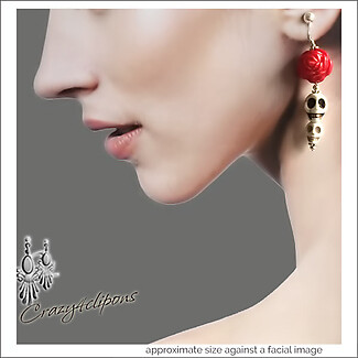 Skulls & Red Roses Earrings | Pierced or Clips