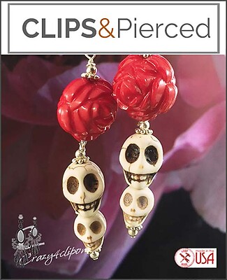 Skulls & Red Roses Earrings | Pierced or Clips