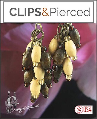 Bohemian. Wood Clustered Earrings | Your choice: Pierced or Clips