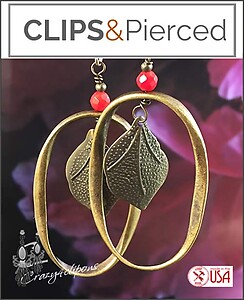 Bronze Hoop Clip Earrings with Coral Beads and Leaves