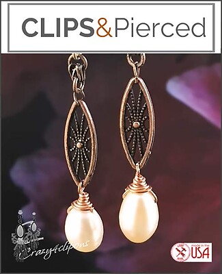 Romantic Pearls and Copper Dangling Earrings | Pierced or Clips