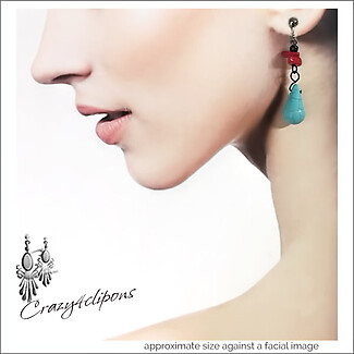 Bohemian Faux-Turquoise & Red Earrings | Pierced or Clips
