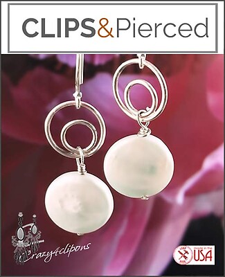 Bridal White Pearl Coin Earrings | Pierced or Clips