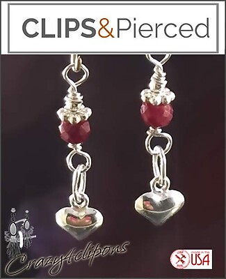 Petite Sterling Silver Hearts w/ Ruby Earrings| Pierced or Clips