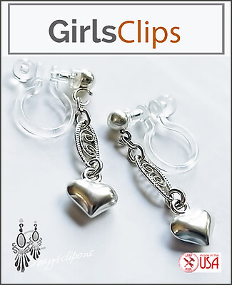 Dangling Heart Clip On Earrings for Girls