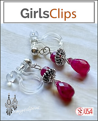 Ruby Delight: Sterling Silver Girl Clip Earrings