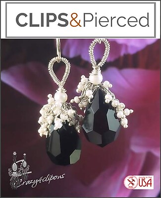 Black Crystals & Pearl Clustered Earrings | Pierced or Clips