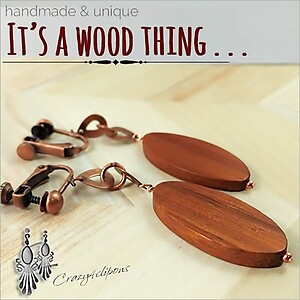 Wood & Copper Long Dangling Clip Earrings