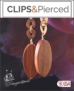 Wood & Copper Long Dangling Clip Earrings