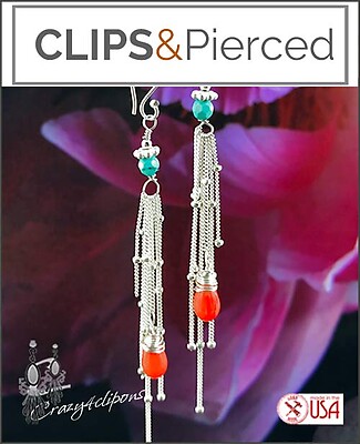Coral Turquoise Tassel Earrings | Pierced or Clips