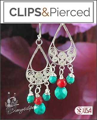 Coral / Turquoise Earrings | Pierced or Clips