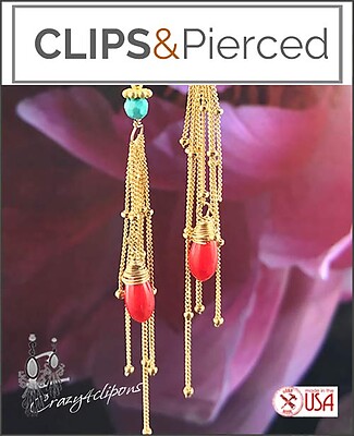 Gold & Turquoise Summer Fringe Earrings | Pierced or Clips