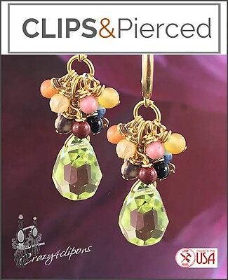 Dangling Cluster Drop Clip Earrings with Earthy Gemstones