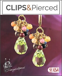 Dangling Cluster Drop Clip Earrings with Earthy Gemstones