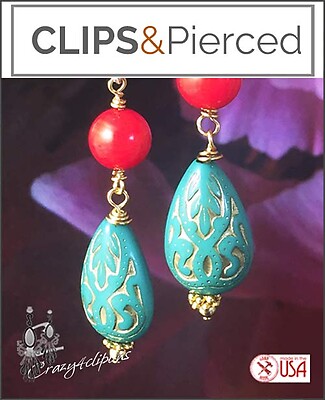 Teal & Red Ethnic Teardrop Clip Earrings