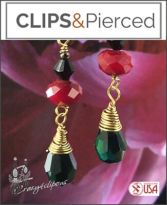 Dangling Green & Red Earrings | Pierced or Clips