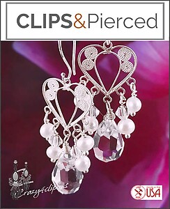 Bridal: Filigree Hearts & Crystal Earrings | Pierced or Clips