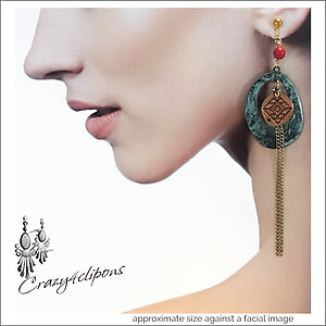 Unique Expression: Long Boho Verdigris Clip Earrings