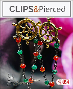 Eclectic Nautical Charm: Ship Helm Dangling Clip Earrings