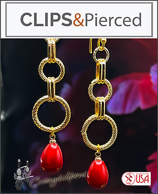Glamorous Look: Gold Hoops & Red Teardrops Clip Earrings