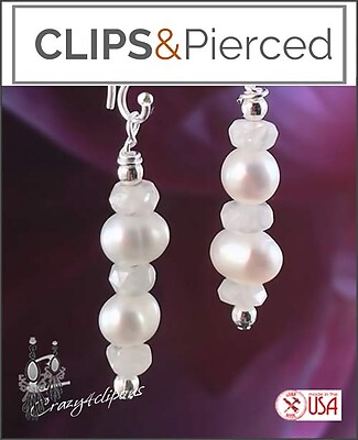 Moonstone & Pearls Earrings | Pierced or Clip-ons