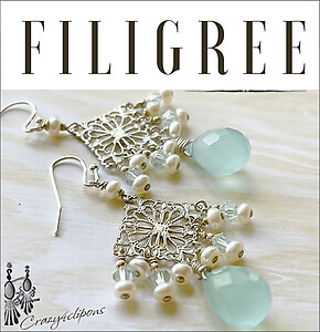 Filigree, Crystal Pearls Chandelier Clip Earrings