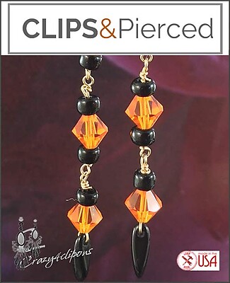 Sparkling Orange Black Crystal Clip Earrings