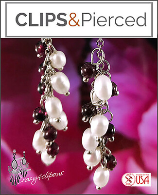 Dangling Garnet & Pearls Clip Earrings