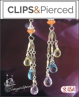 Multi-Colored Gemstone Clip Earrings in Sterling Silver